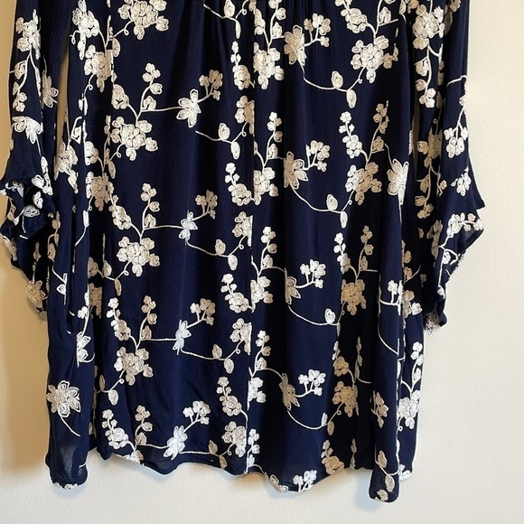 Boho Embroidered Mini Dress XS Bell Navy Swing Loose Classy Altar’d State Hippie - Picture 10 of 16